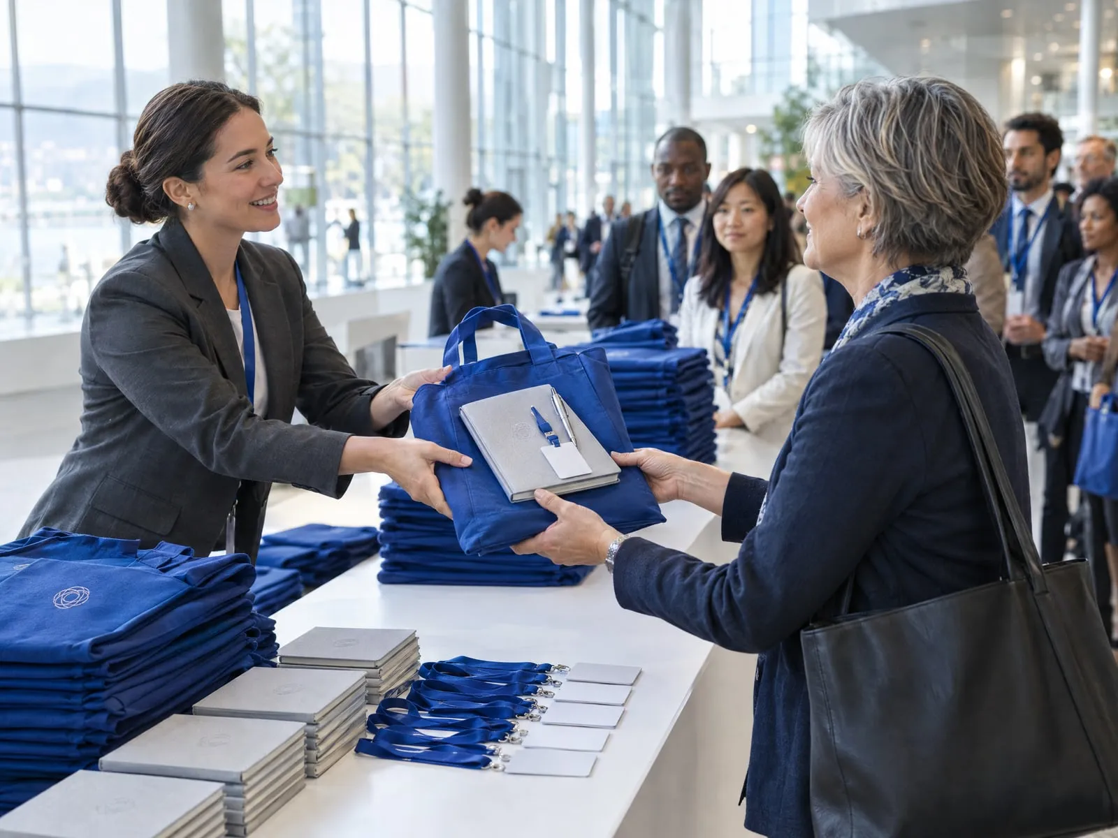 Accueil d’une assemblée internationale : une hôtesse remet à une déléguée un tote bleu cobalt, un carnet gris perle et un cordon de badge