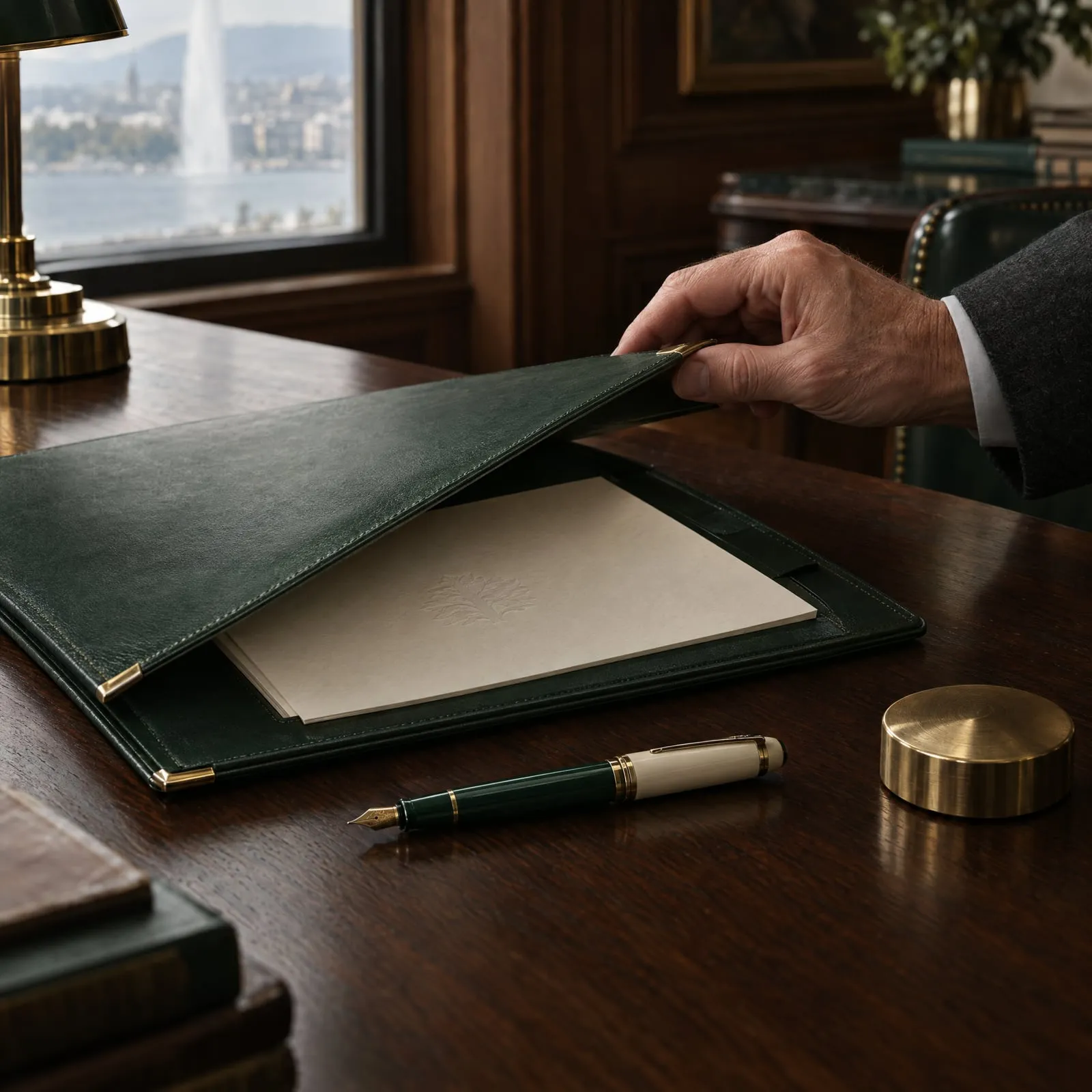 Bureau d’une banque privée à Genève : une main ouvre un porte-documents en cuir vert à coins de laiton