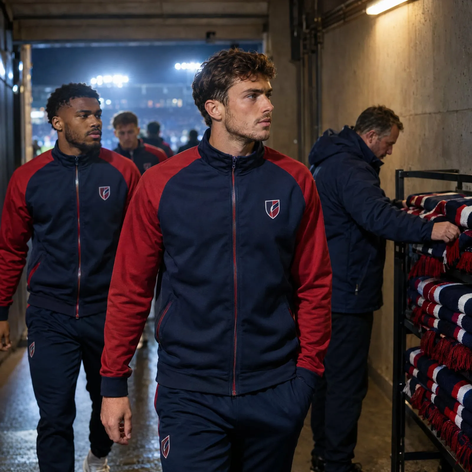 Tunnel d’un stade avant le match : joueurs en vestes marine et rouge brodées, écharpes du club