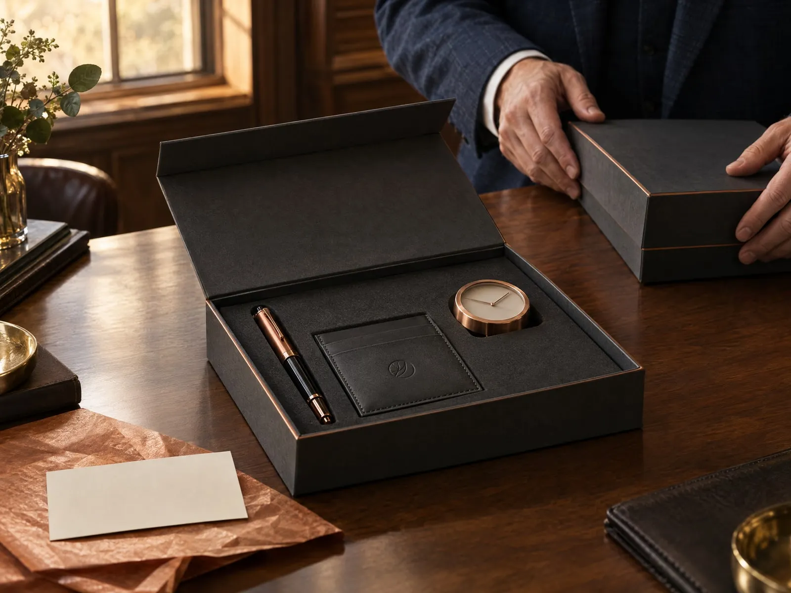 Coffret gris anthracite à liseré cuivre : stylo plume, porte-cartes en cuir gaufré et pendulette de bureau
