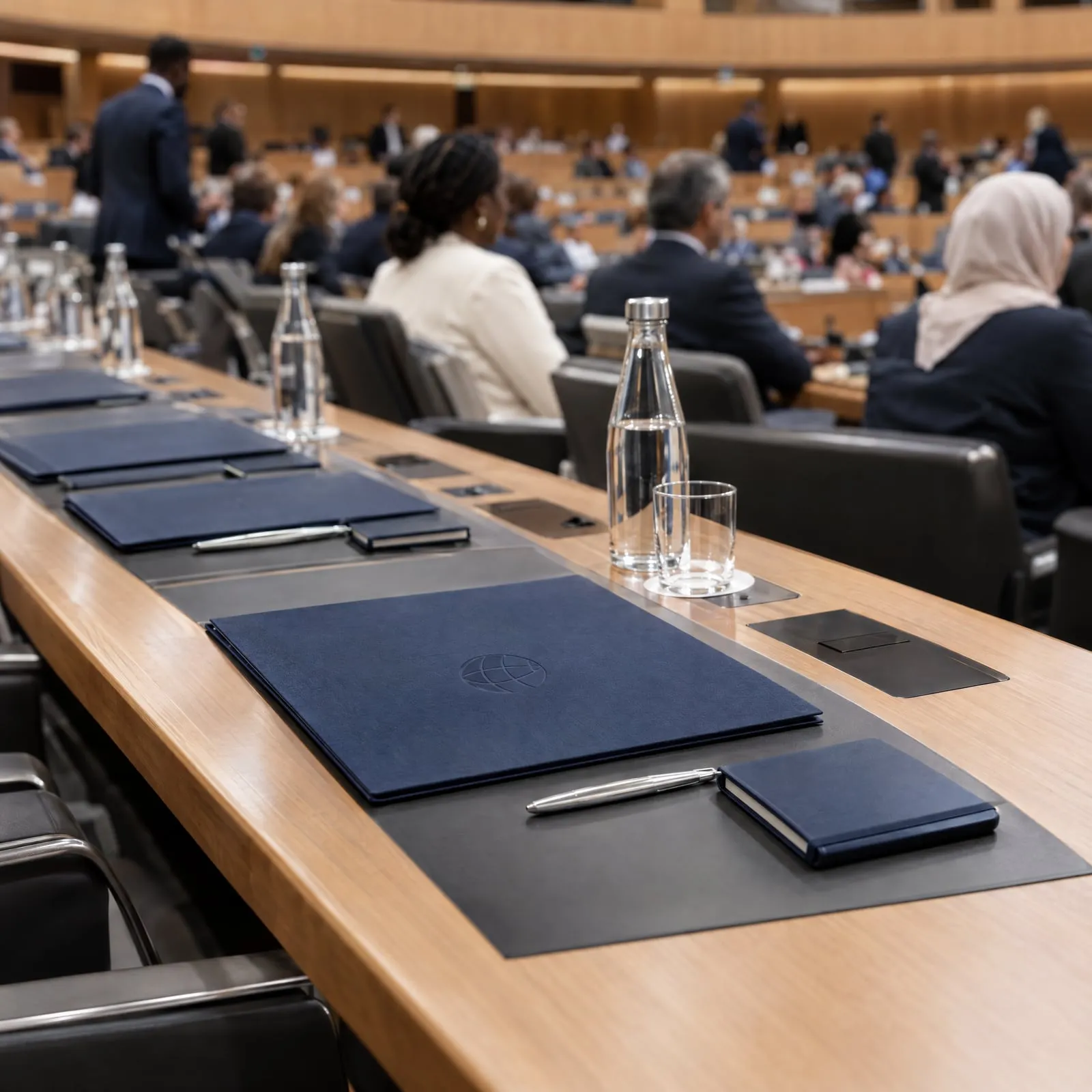 Salle d’assemblée d’une organisation internationale : kits de délégués marine posés à chaque place