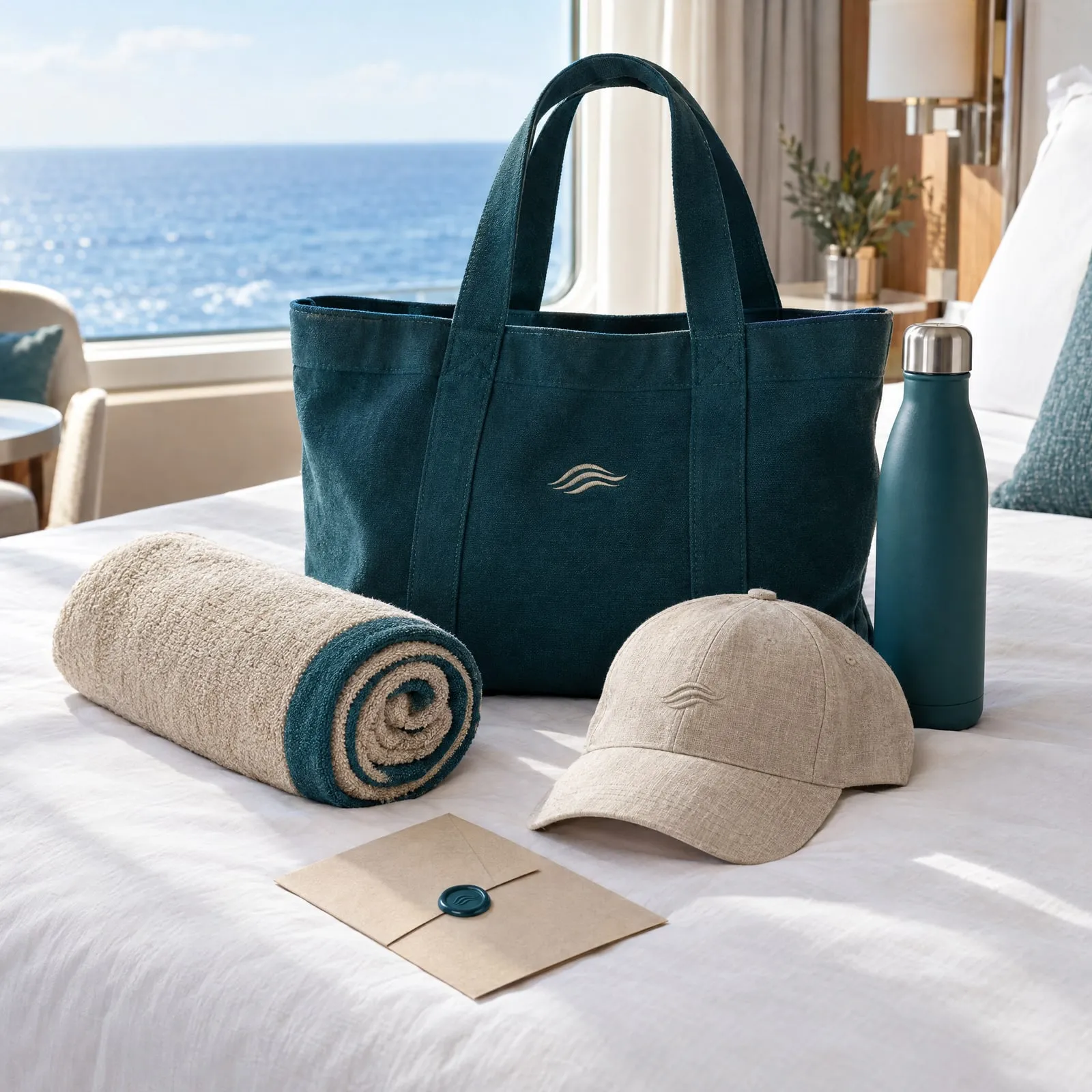 Cabine d’un navire de croisière face à la mer : tote bag bleu canard brodé, serviette sable, gourde et casquette de lin posés sur le lit