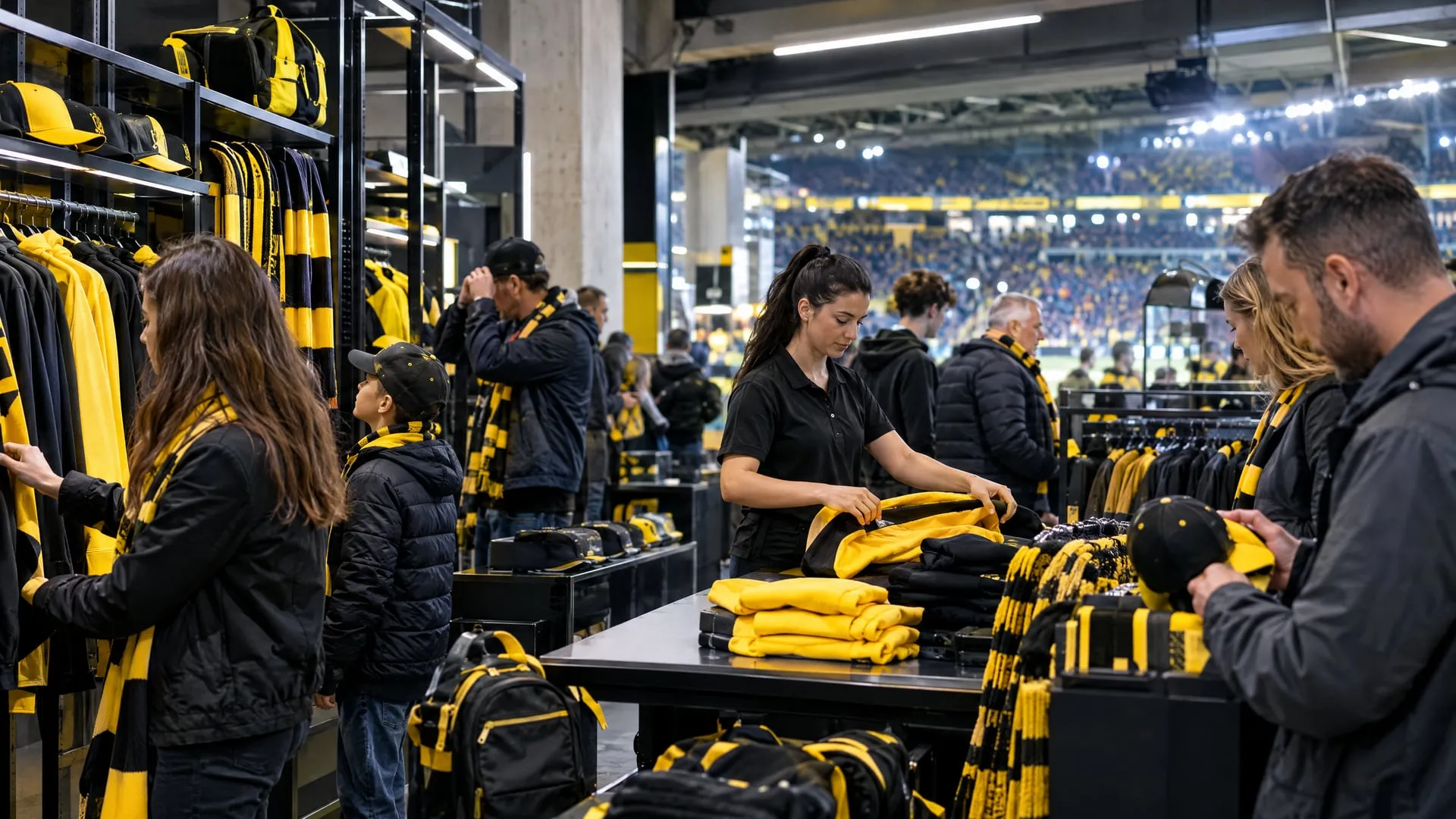 Boutique éphémère d’un club dans la coursive d’un stade : sweats, casquettes et écharpes jaune et noir