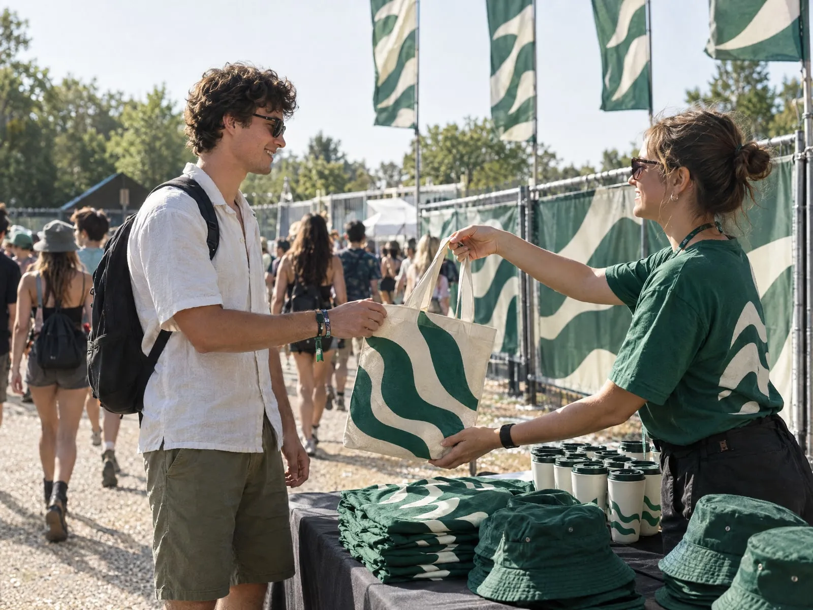 Entrée d’un festival habillée de drapeaux imprimés vert émeraude : un membre de l’équipe tend un tote bag à un festivalier