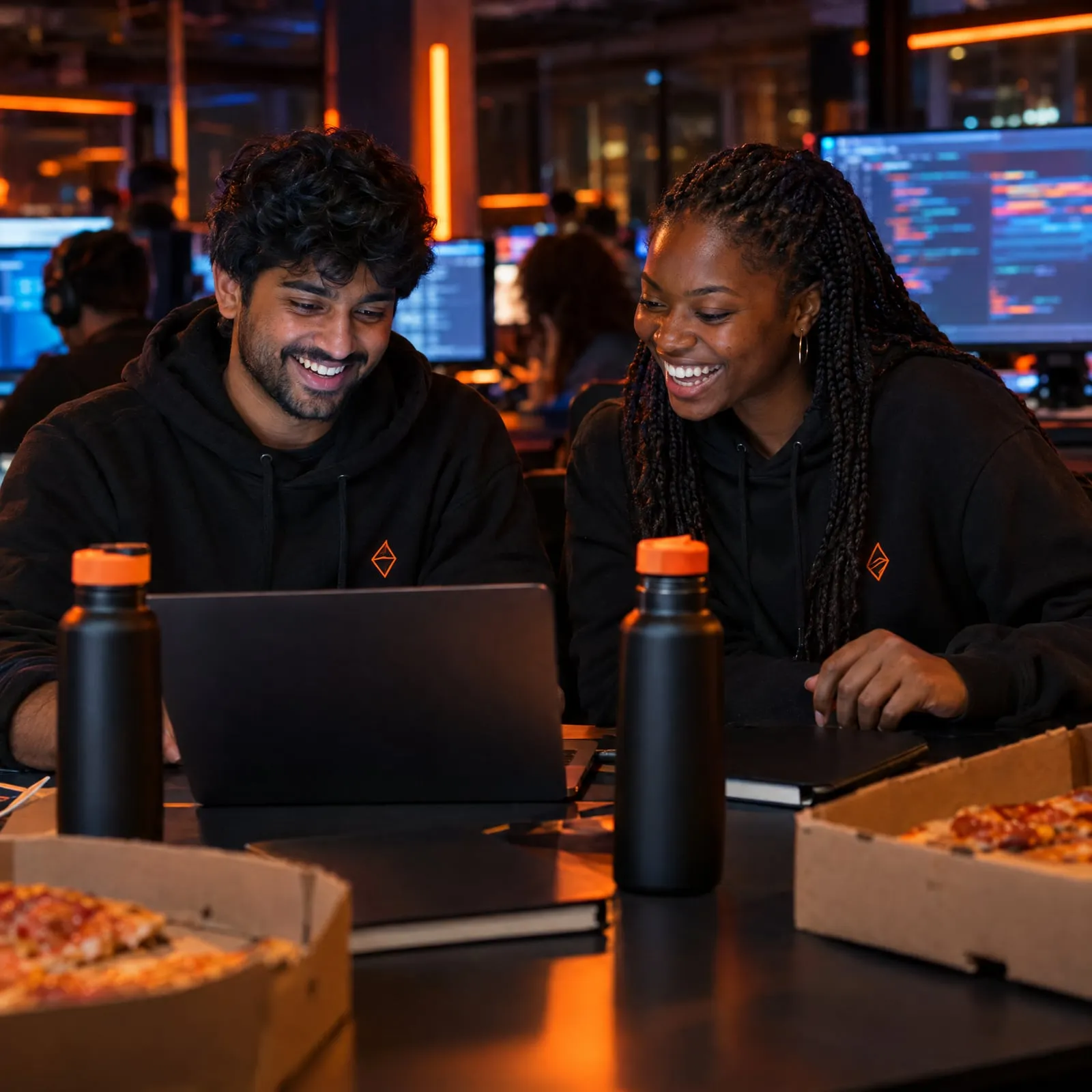 Nuit de hackathon d’une start-up : deux développeurs en sweats noirs brodés, gourdes noires et orange