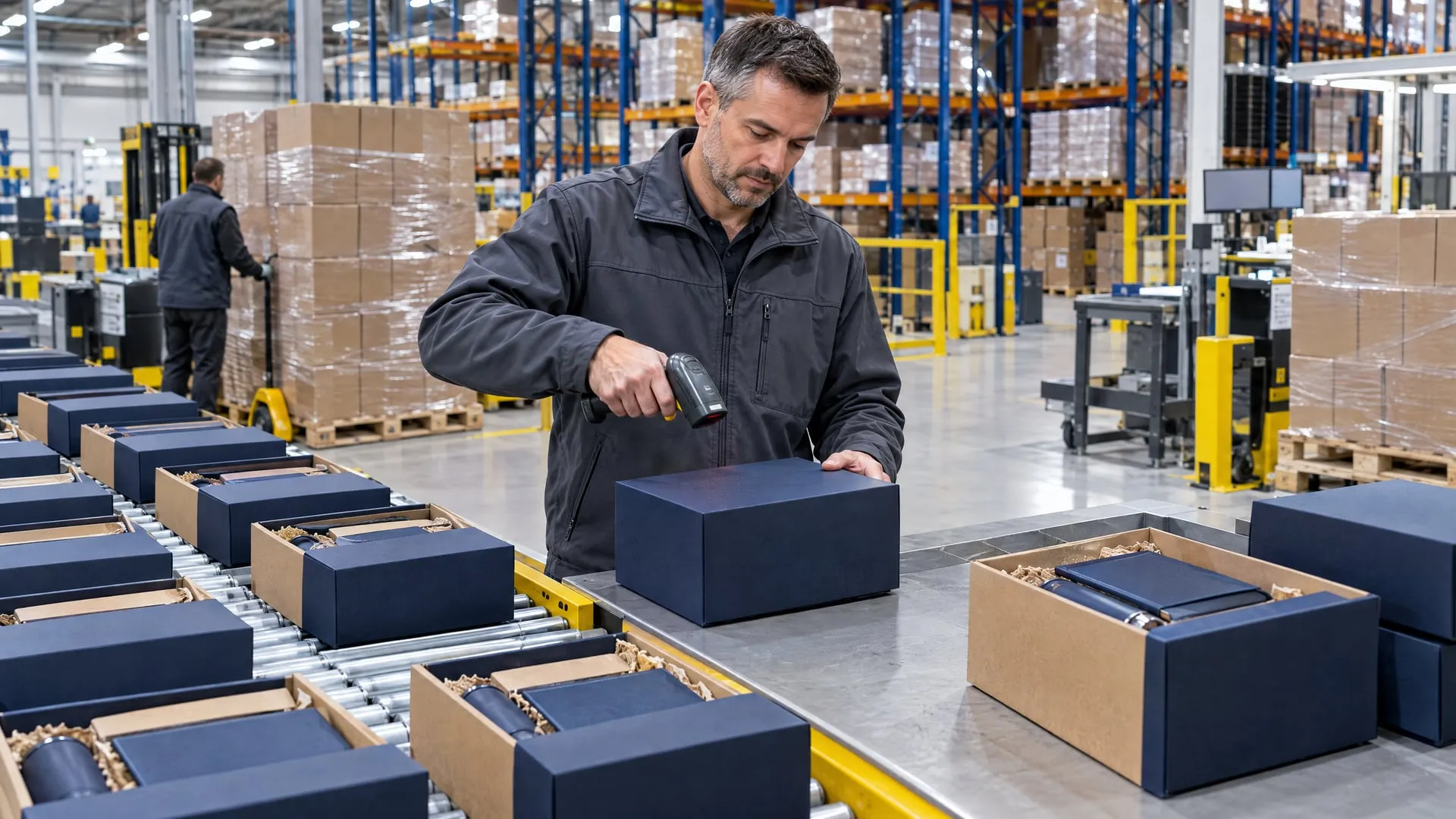 Centre logistique : un opérateur scanne des coffrets marine sur un convoyeur, palettes prêtes à partir