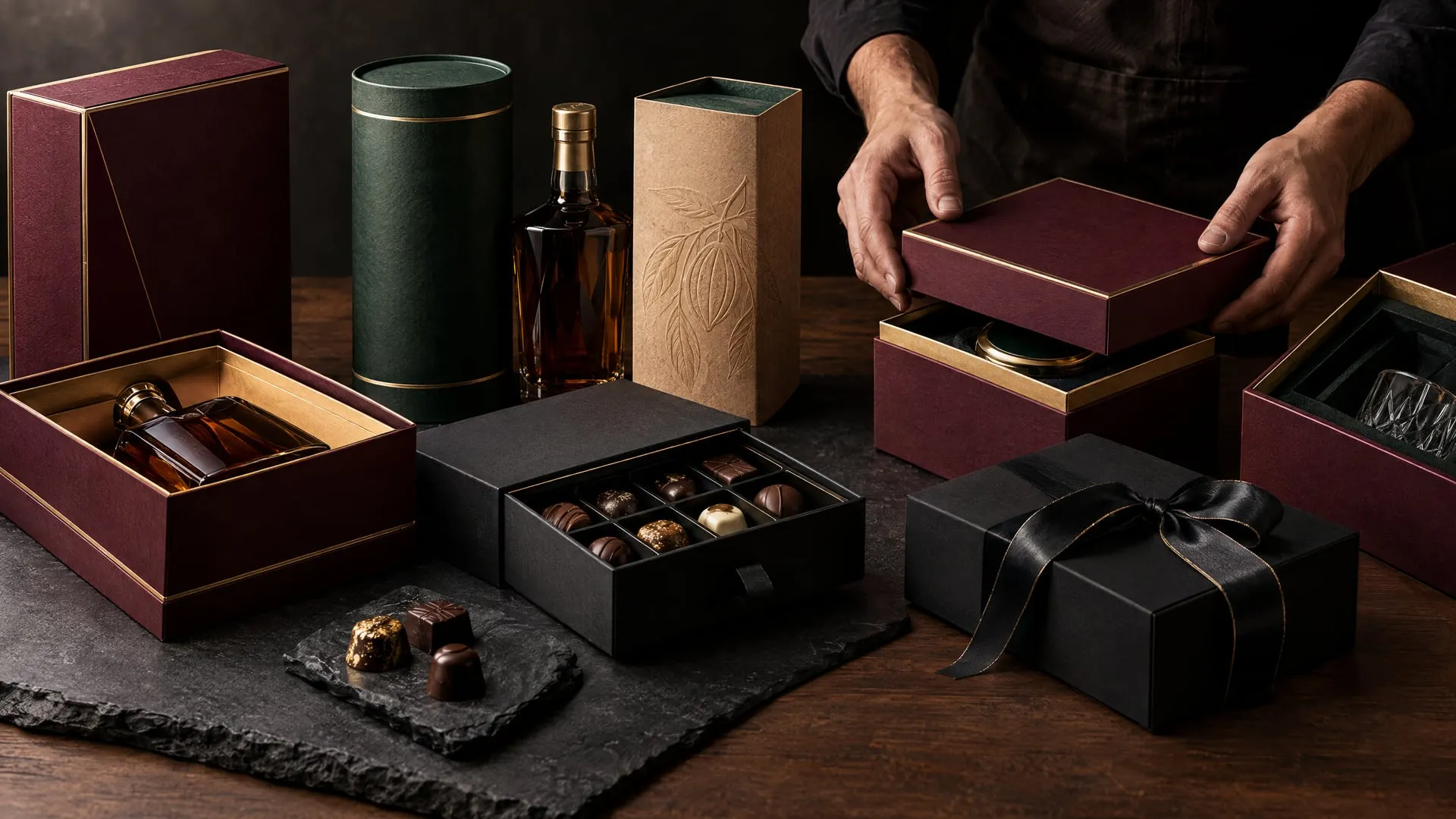 Packaging d’un chocolatier et d’une maison de spiritueux : coffrets bordeaux dorés, boîte tiroir noire, tube vert