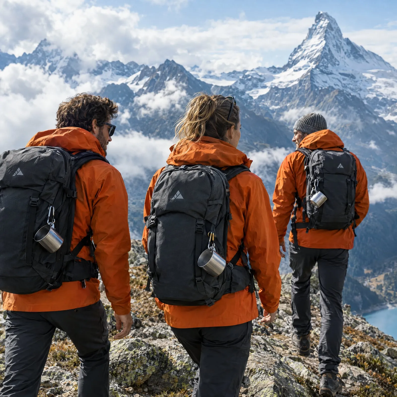 Séminaire d’entreprise dans les Alpes : trois randonneurs en vestes orange et sacs gris brodés