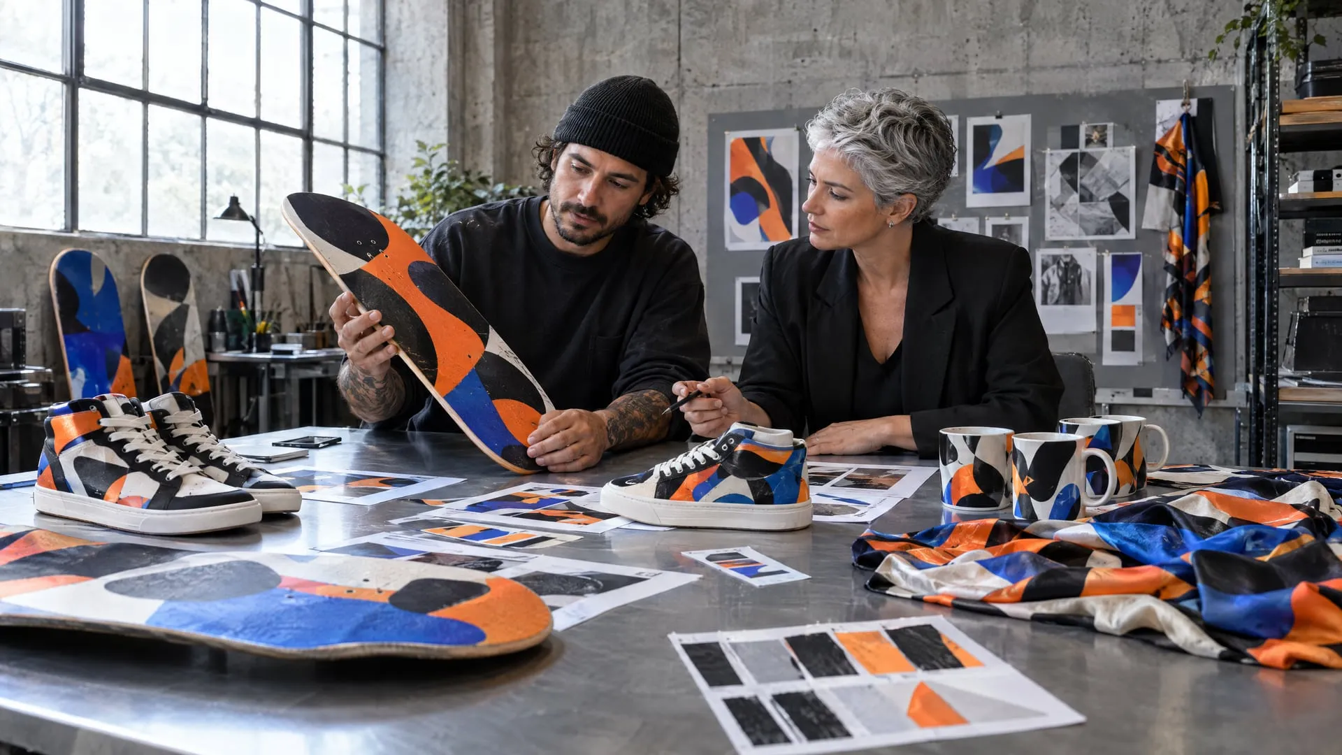 Collaboration avec un artiste : prototypes de skateboards, baskets, foulards et tasses aux motifs noir et orange