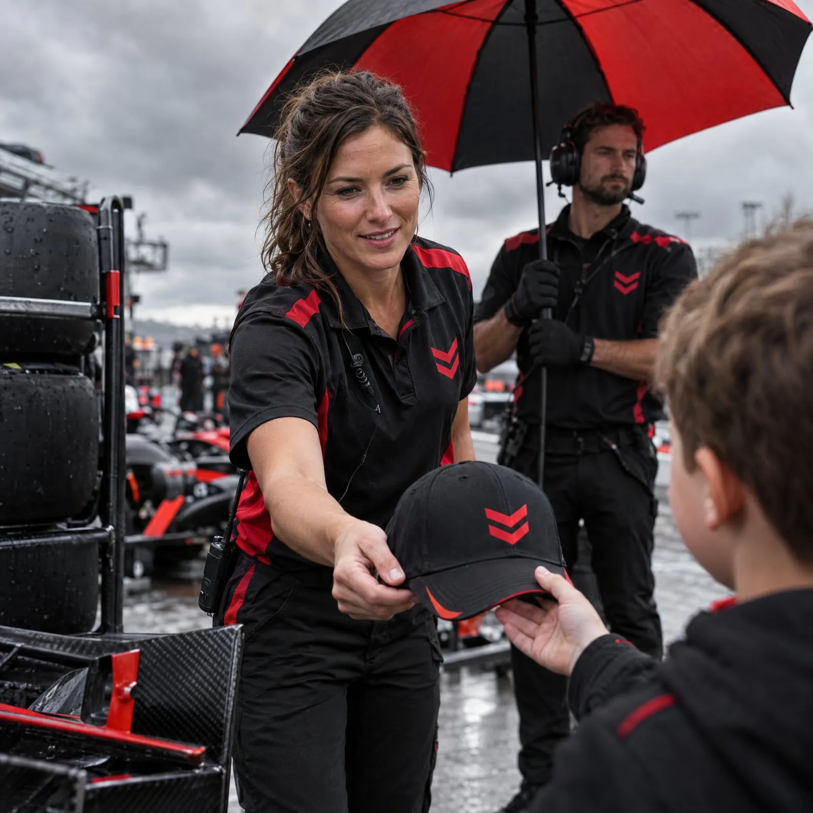 Stand d’une écurie un jour de course : une membre de l’équipe offre une casquette noire et rouge à un jeune fan