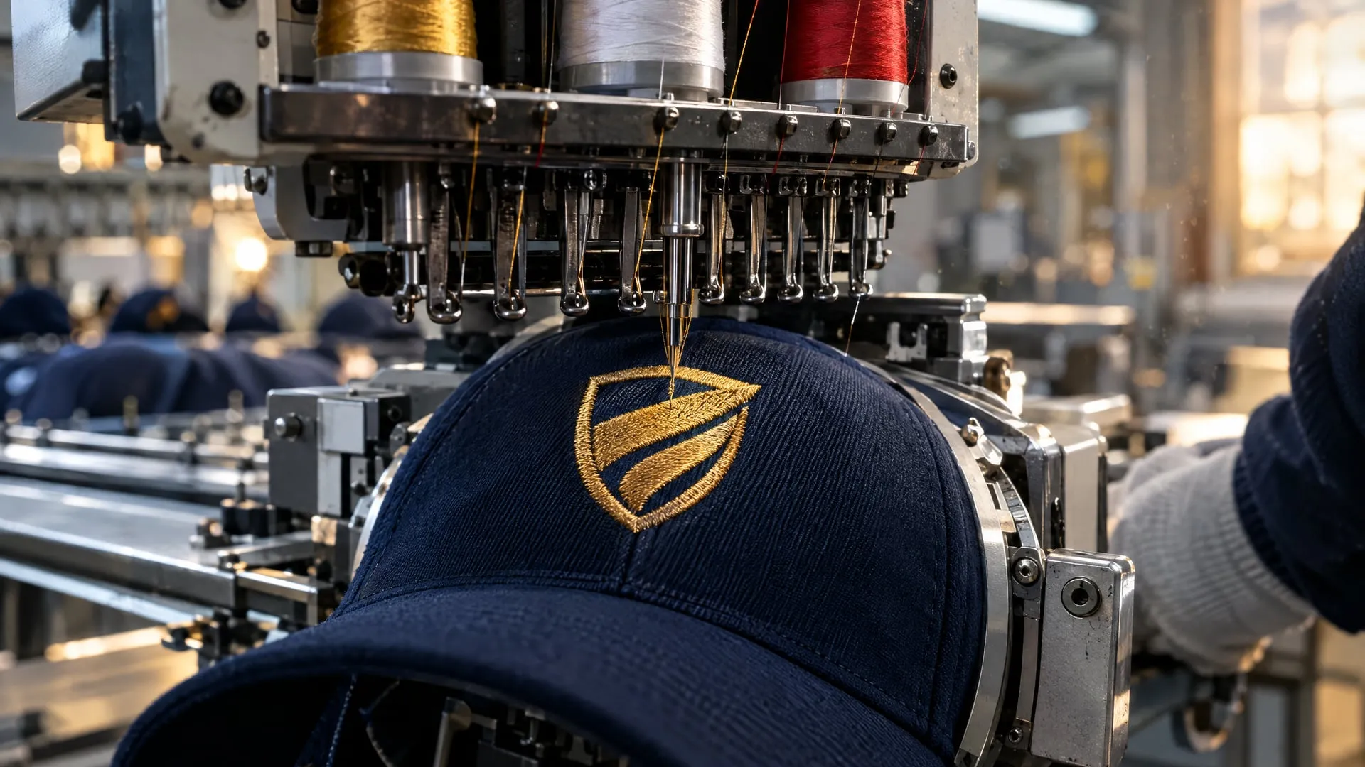 Machine à broder qui pique un écusson en fil d’or sur une casquette marine