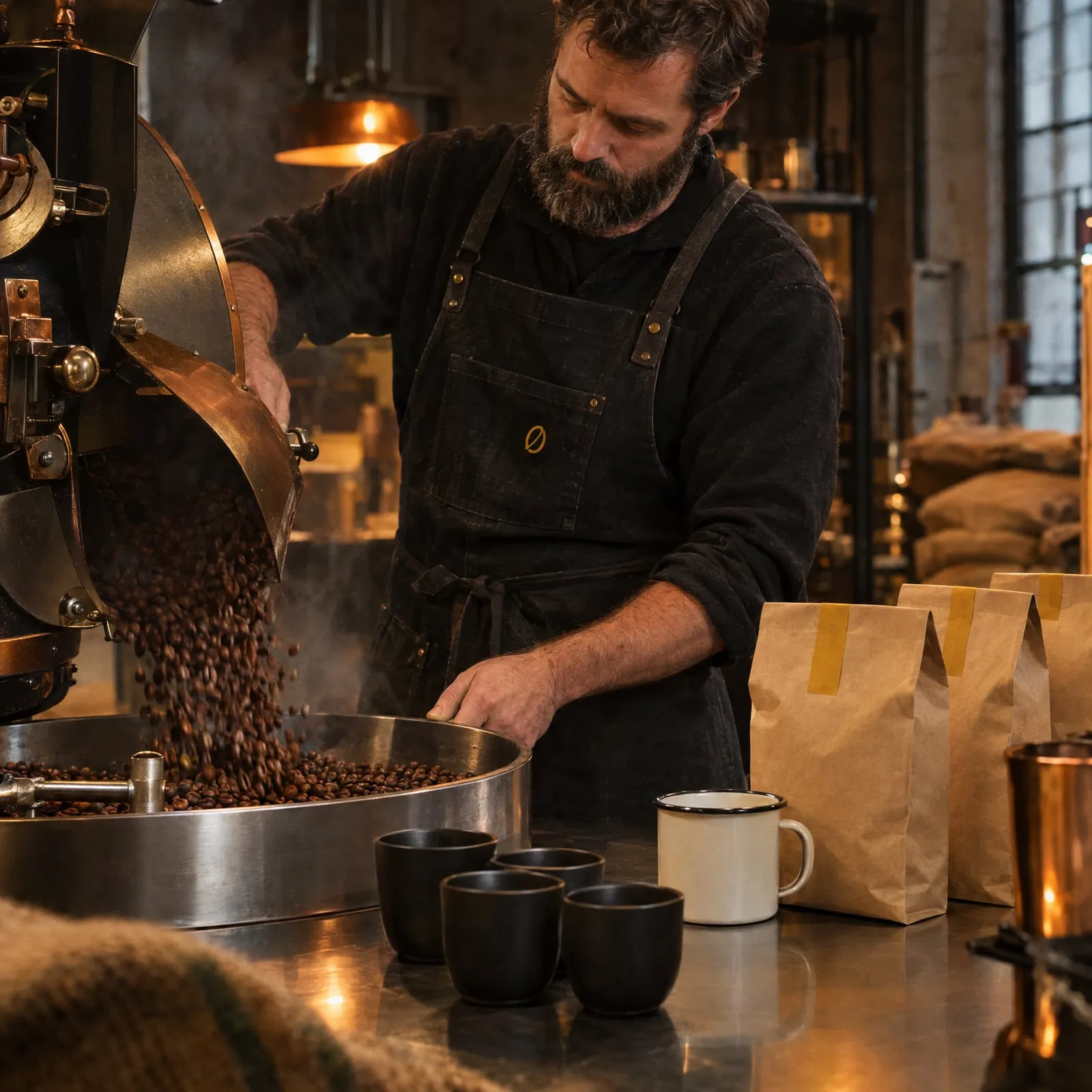 Torréfacteur en tablier noir brodé qui verse des grains, tasses noires et sachets kraft sur le comptoir